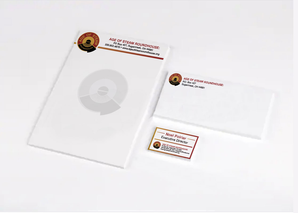 Image of a letterhead, envelope, and business card for the Age of Steam Roundhouse Museum