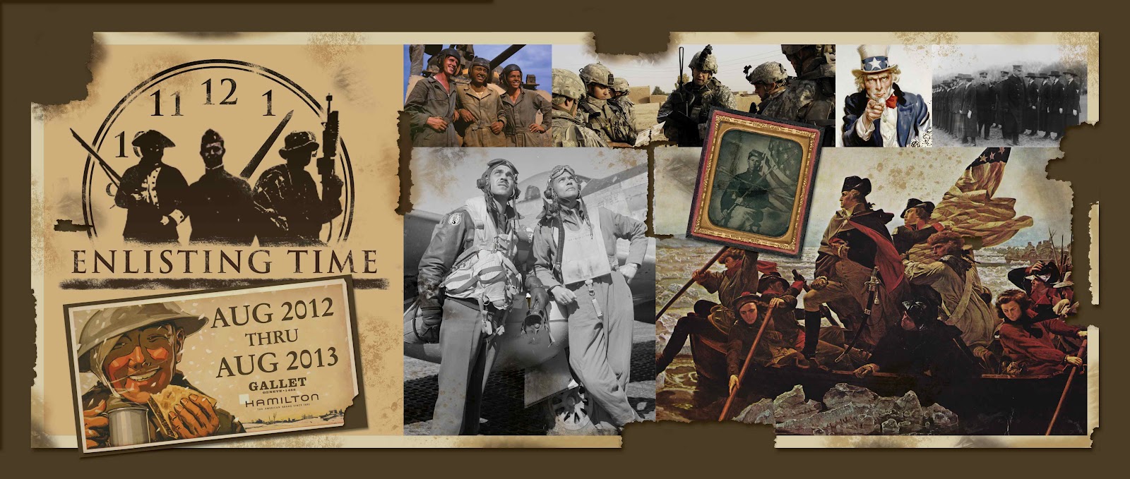 Printed banner for the Enlisting Time exhibit at the Watch & Clock Museum