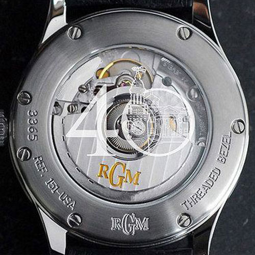 Exhibition back view of RGM Watch Company's watch made for the National Watch & Clock Museum 40th Anniversary.