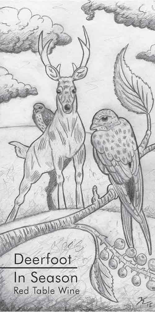 Illustrated In Season wine label of a six-point deer, redtail hawk, and bluebird