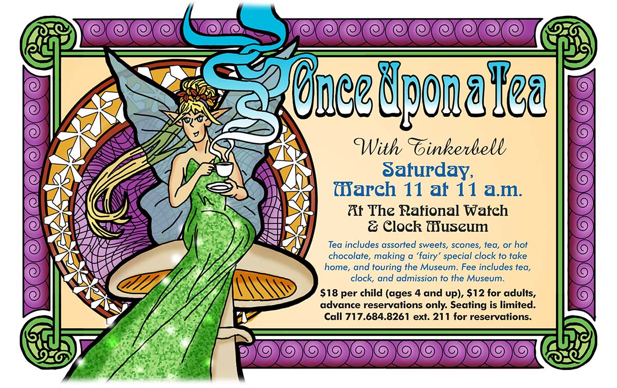 Illustrated ad of a fairy sitting on a mushroom drinking tea with event information