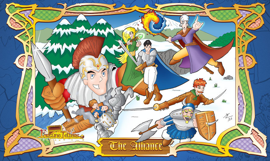 An illustration titled 'The Alliance' comprised of seven fantasy heroes