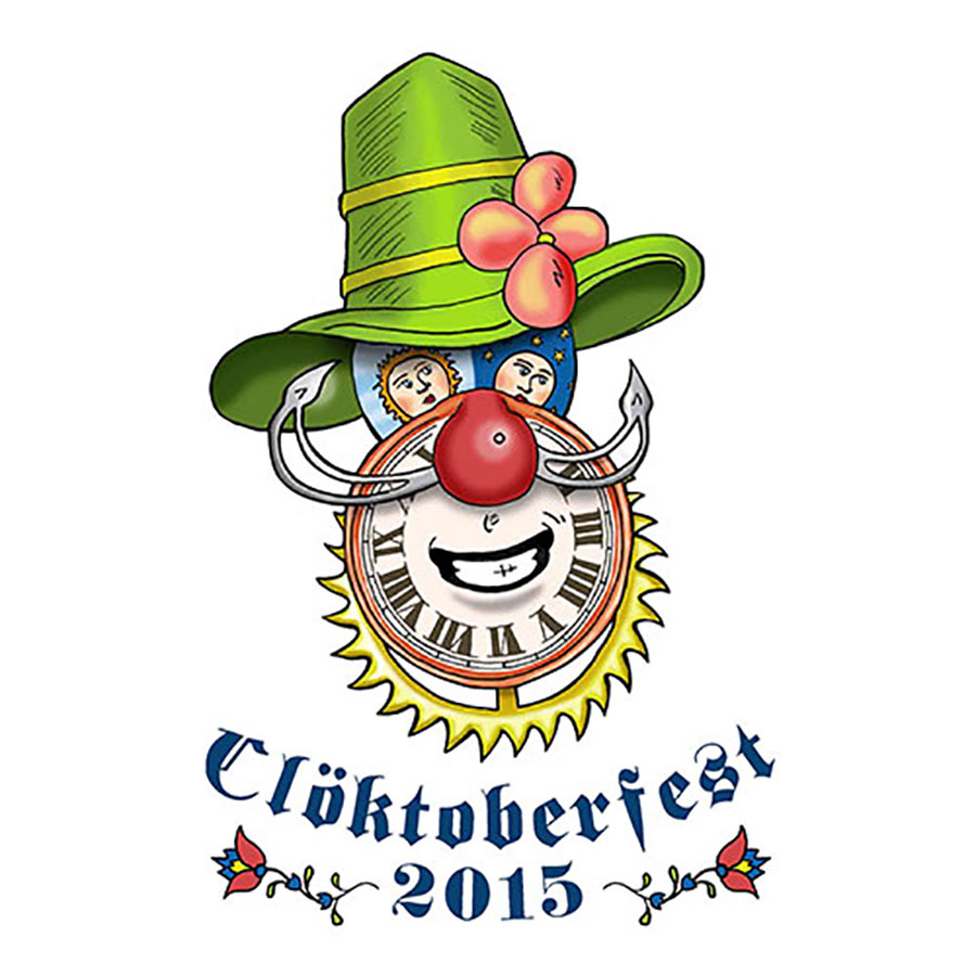 Artwork for 2015 Clocktoberfest featuring a Pennsylvania Dutch inspired face comprised of clock parts