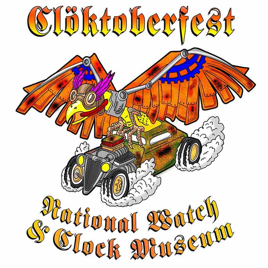 Artwork for 2016 Clocktoberfest featuring a bird with metal wings driving a hot rod