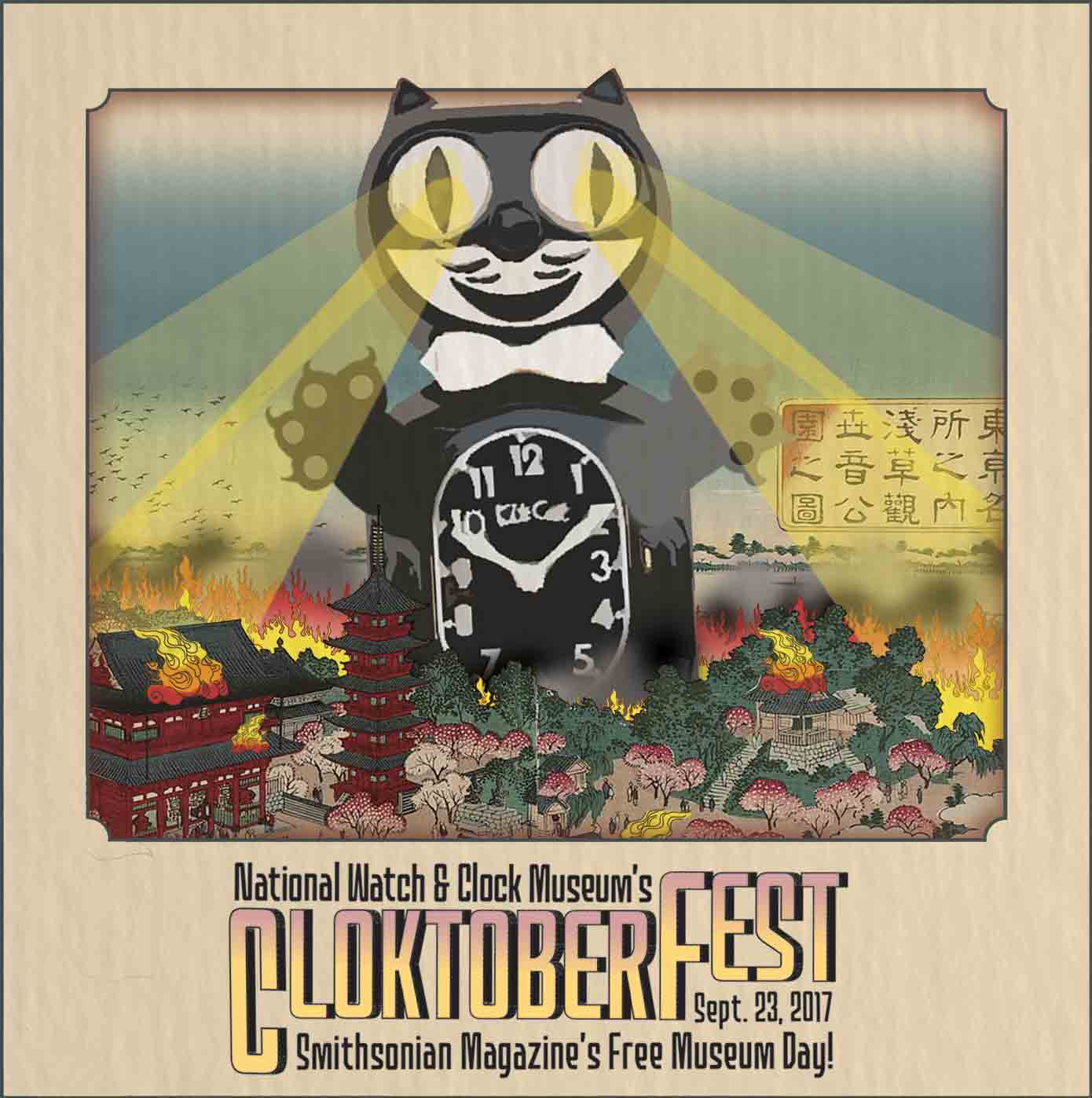 Artwork for 2017 Clocktoberfest featuring a Kit-Cat Clock buring ancient Tokyo with laster eyes