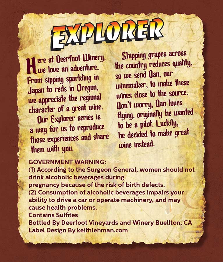 Back label for the Explorer wine series
