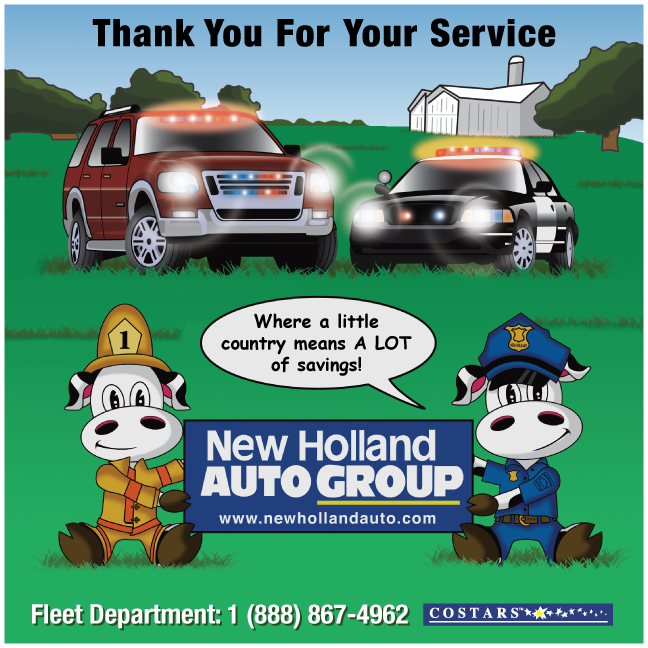 Computer illustration of a firefighter and police officer cow holding a New Holland Auto Group with a firetruck and police car in a rural background
