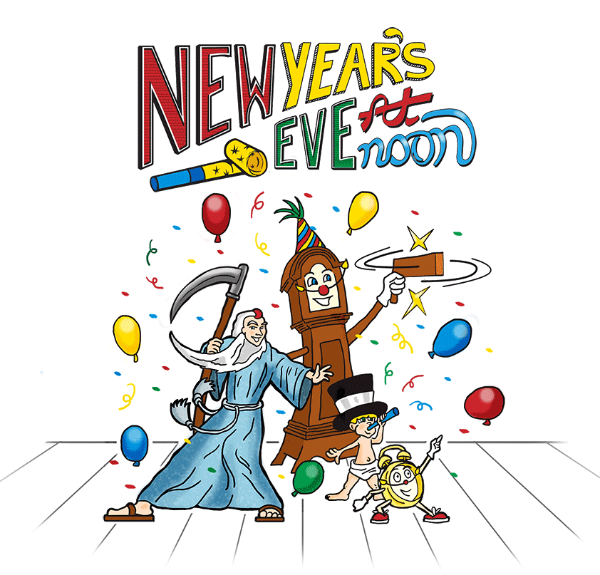 Illustration of Father Time dancing with Baby New Year, a tall case clock, and an alarm clock for the New Year's Eve at Noon event