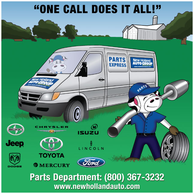 Computer illustration of a cow dressed as a service man holding a muffler and tire with a service van in rural background