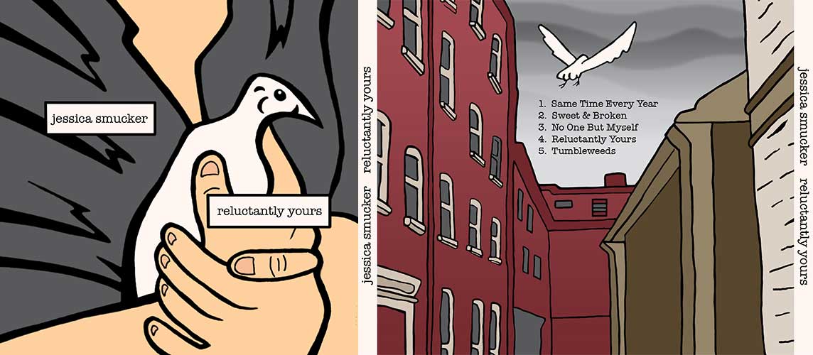 Illustrated 'Reluctantly Yours' album artwork of a woman holding a white pigeon on cover and the bird flying away off into a grey sky on the back