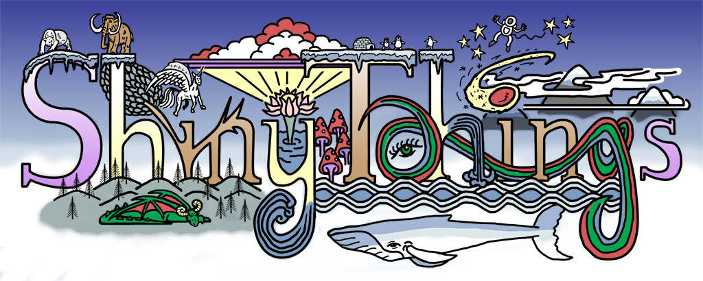 Illustrated Shiny Things logo complete with a polar bear, a woolly mammoth, a unicorn, mushrooms, a dragon, pine-tree covered hills, a comet, a green eye, a whale, penguins, mountains, and an astronaut