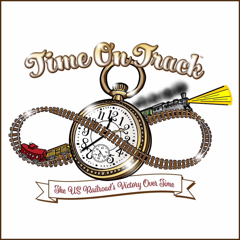 Illustrated Time On Track: The US Railroad's Victory logo of a pocketwatch surrounded by a railroad track and train in the shape of an infinity loop