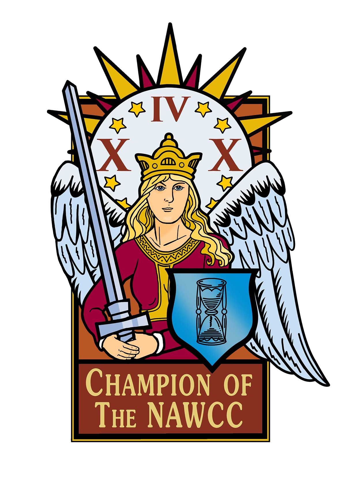 An illustration of an angel holding a sword and shield with the words Champion of the NAWCC