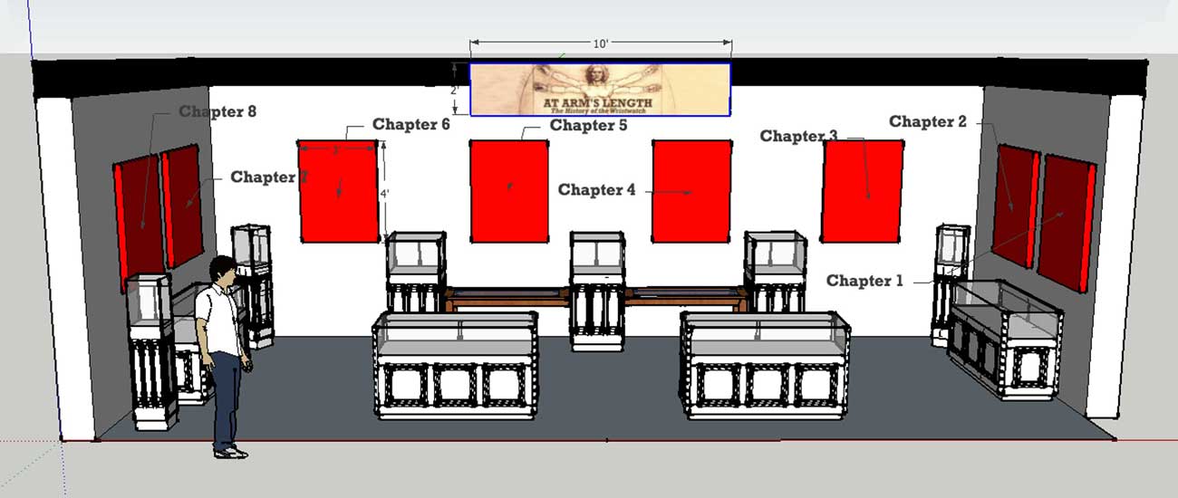 Google SketchUp rendering of a prototype of the History of the Wristwatch display at the National Watch & Clock Museum