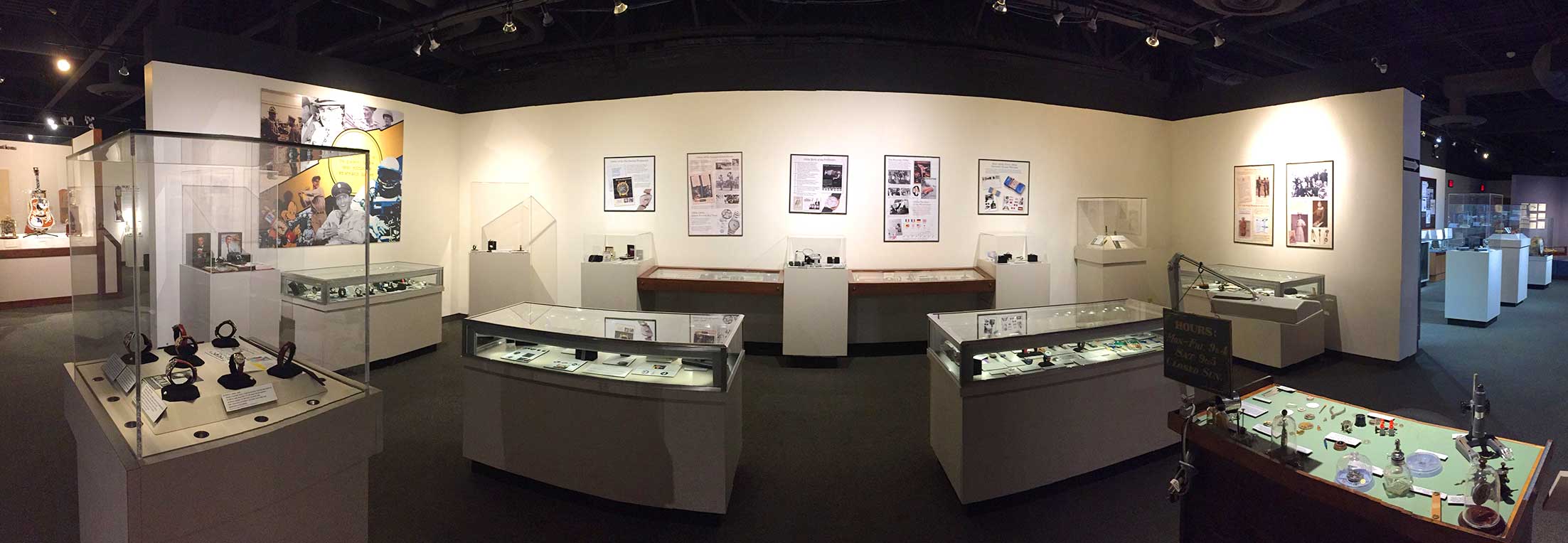 2018 panoramic photo of the History of the Wristwatch display at the National Watch & Clock Museum