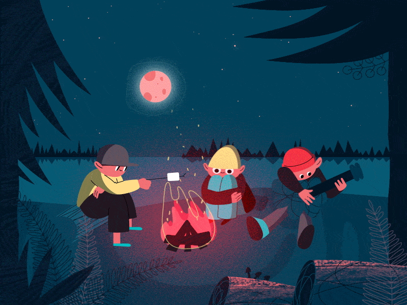 Animation of three people sitting around a campfire at night time